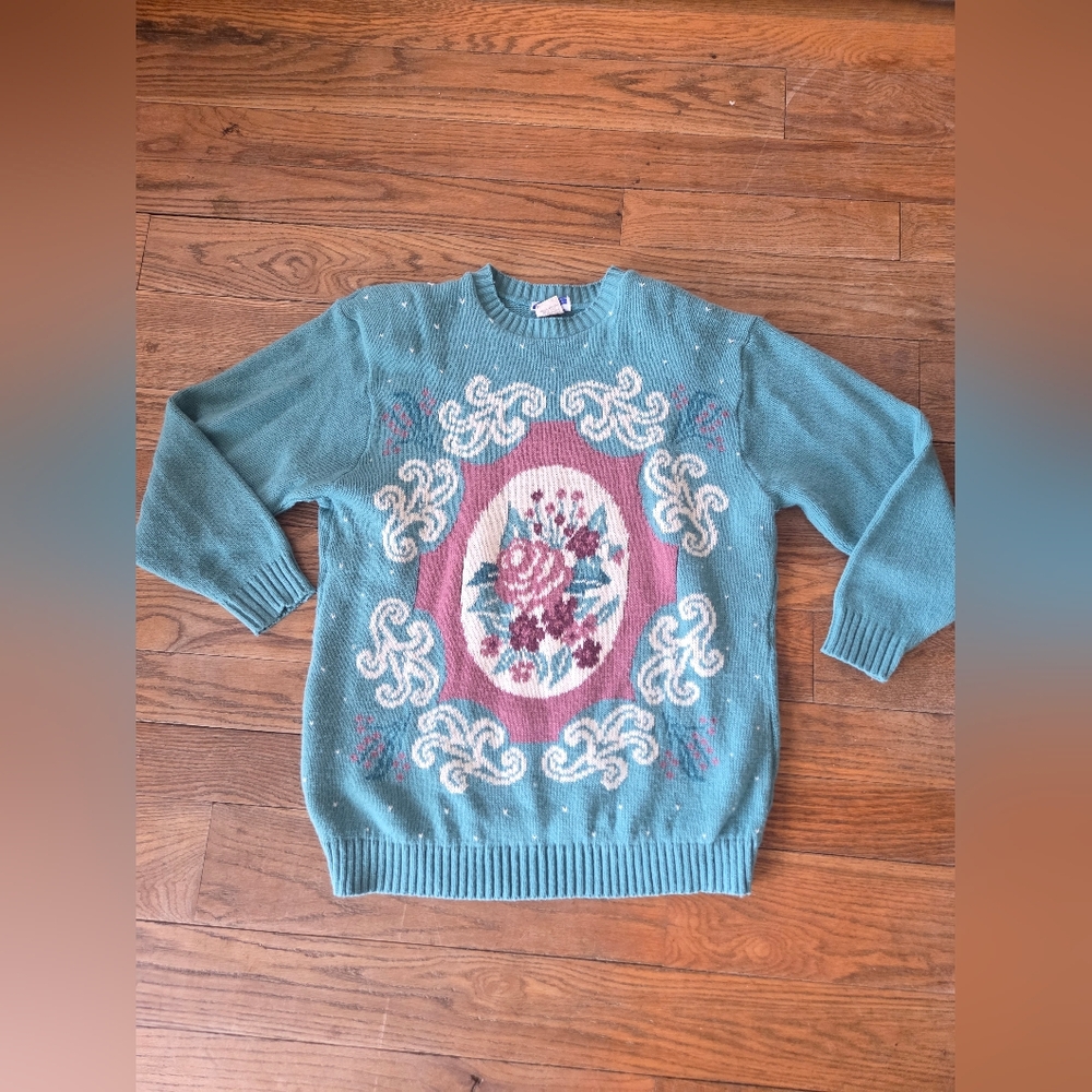 Teal Floral Crewneck Sweater with Pink Medallion